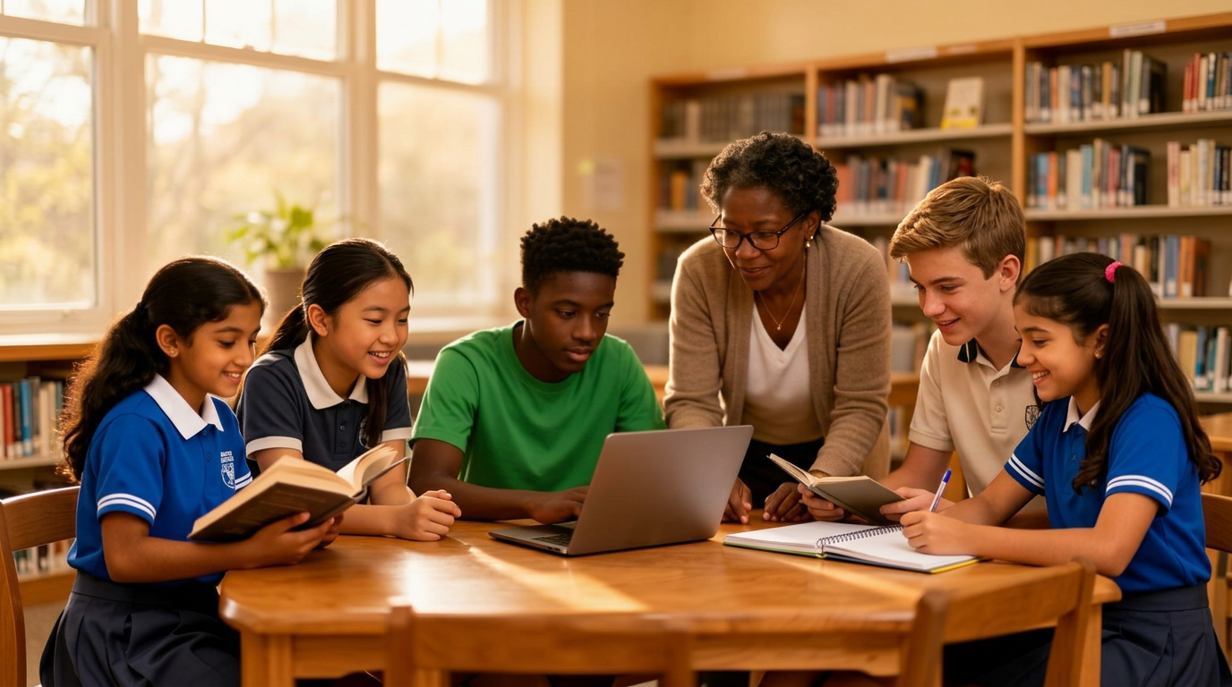Diverse students of different ages and backgrounds learning together